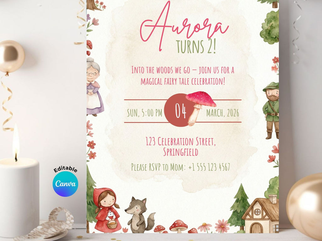 Little Red Hood Watercolor Invitation – Editable Canva Template – Share or Printable 5x7 – Instant Download