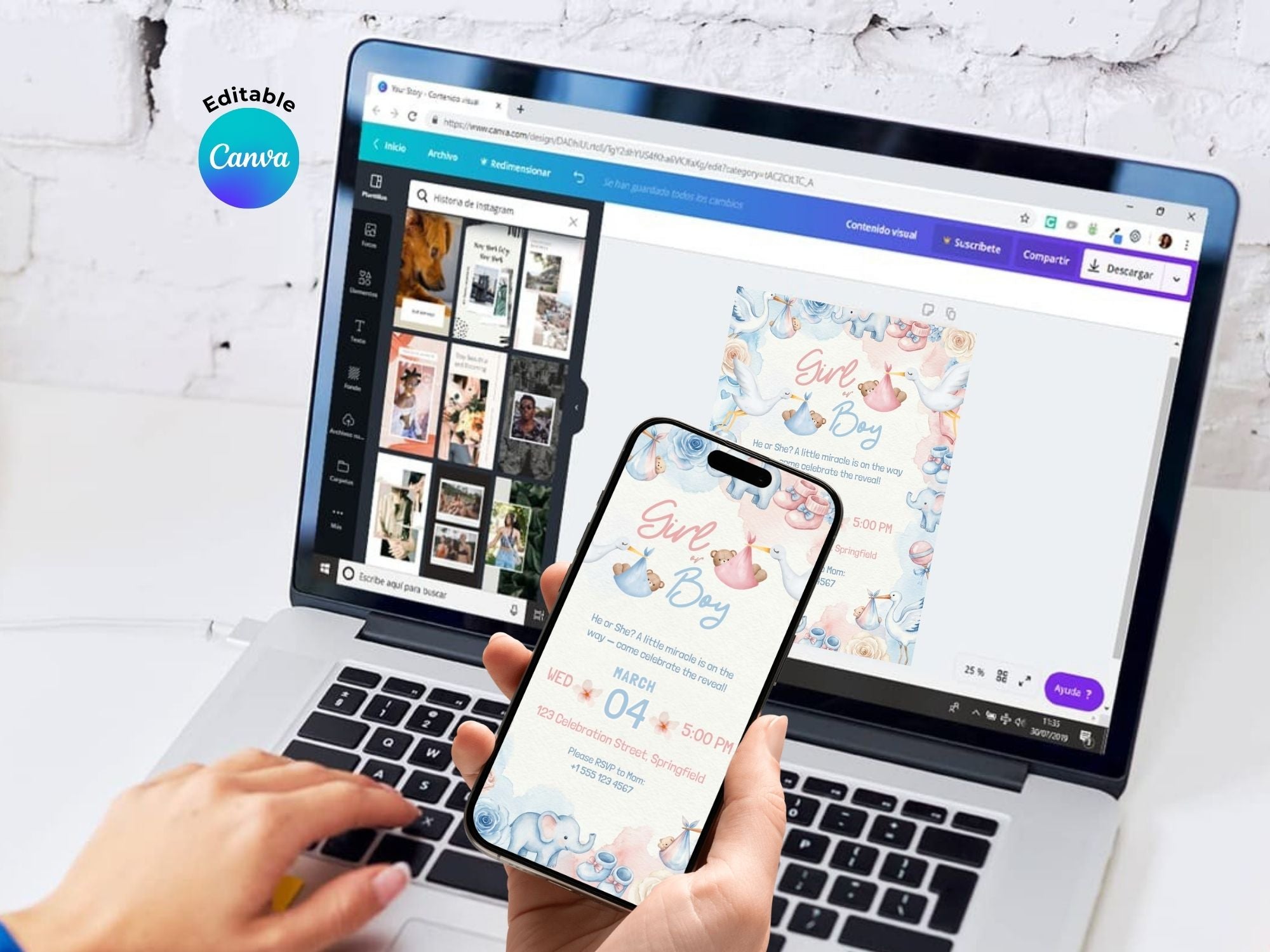 Elephant Gender Reveal Invitation – Watercolor Plane Theme – Editable Canva Template – Share or Printable 5x7 – Instant Download