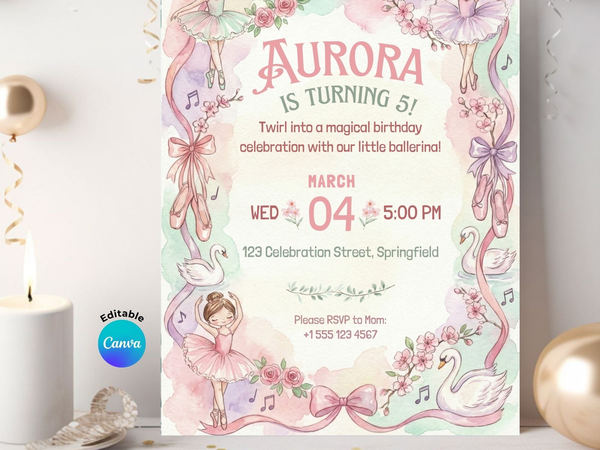 Ballerina Watercolor Invitation – Editable Canva Template – Share or Printable 5x7 – Instant Download
