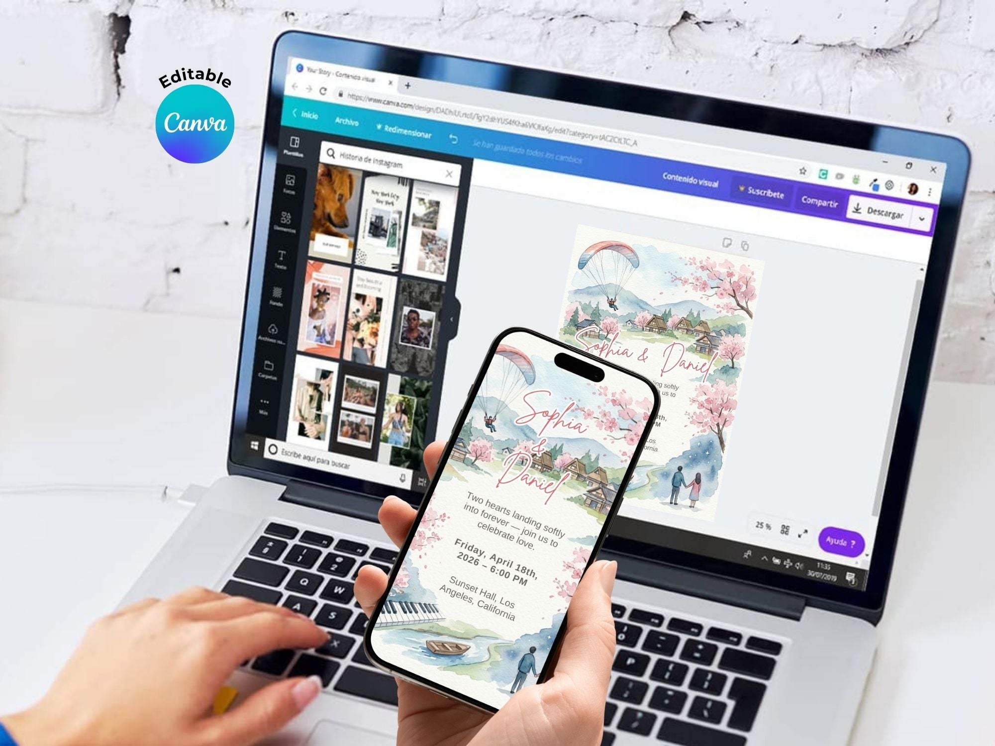 Landing in Love Wedding Invitation – Editable Canva Template – Share or Printable 5x7 – Instant Download