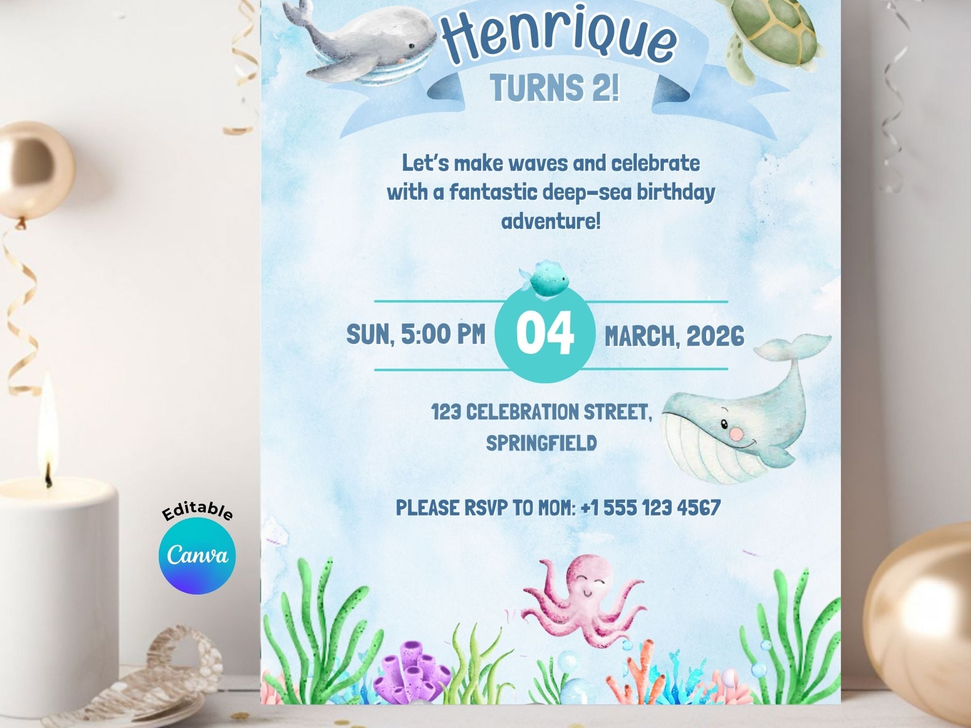 Ocean Coral Watercolor Invitation – Editable Canva Template – Share or Printable 5x7 – Instant Download