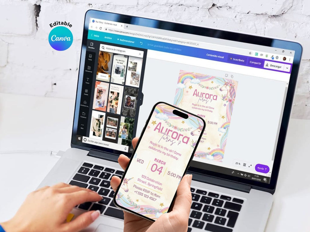 Unicorn Birthday Invitation – Editable Canva Template – Share or Printable 5x7 – Instant Download