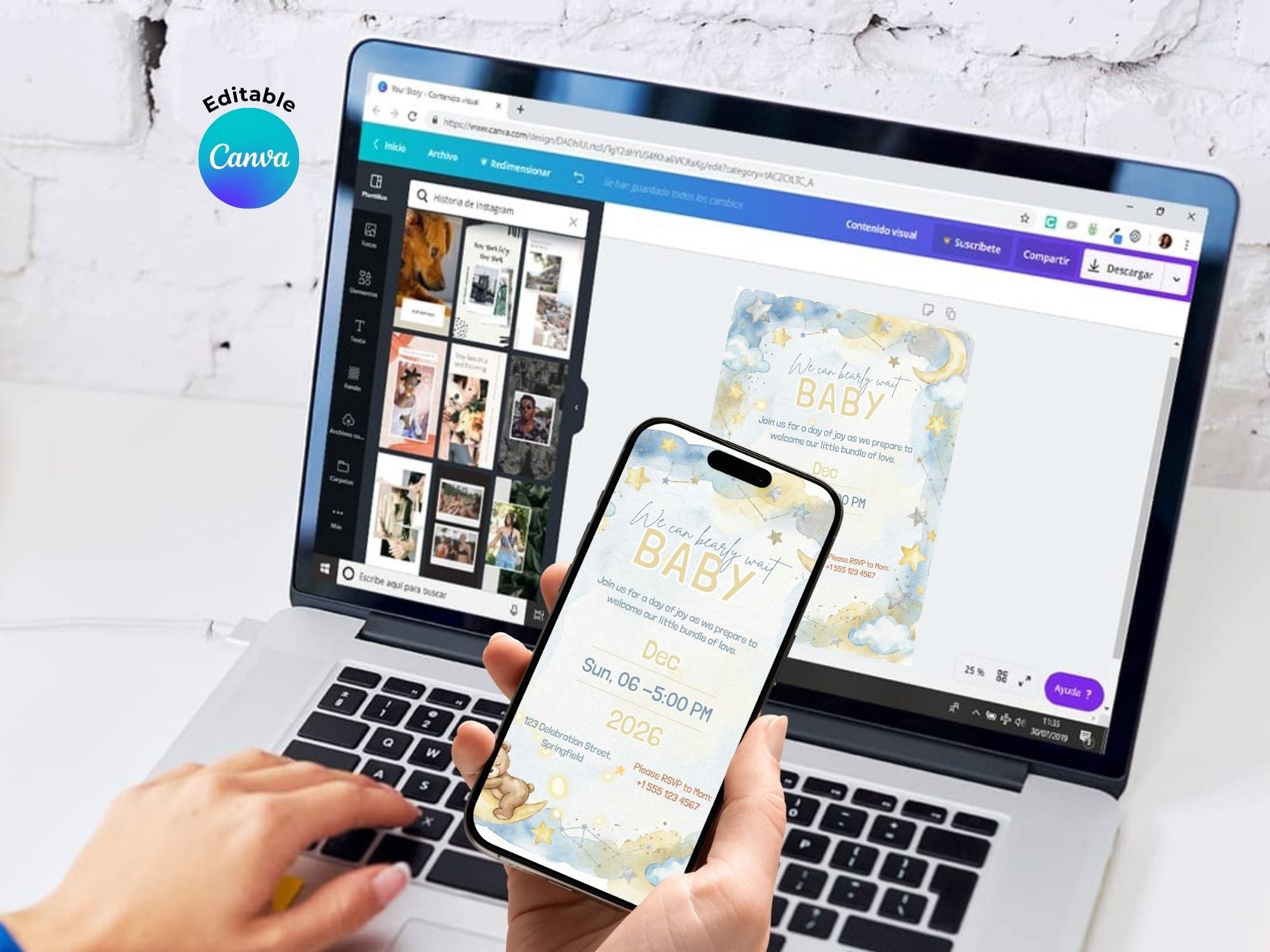 Teddy Bear in the Clouds Baby Shower Invitation – Watercolor Plane Theme – Editable Canva Template – Share or Printable 5x7 – Instant Download