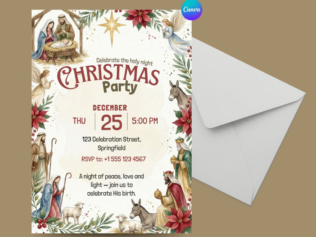 Nativity Christmas Invitation – Editable Canva Template – Share or Printable 5x7 – Instant Download