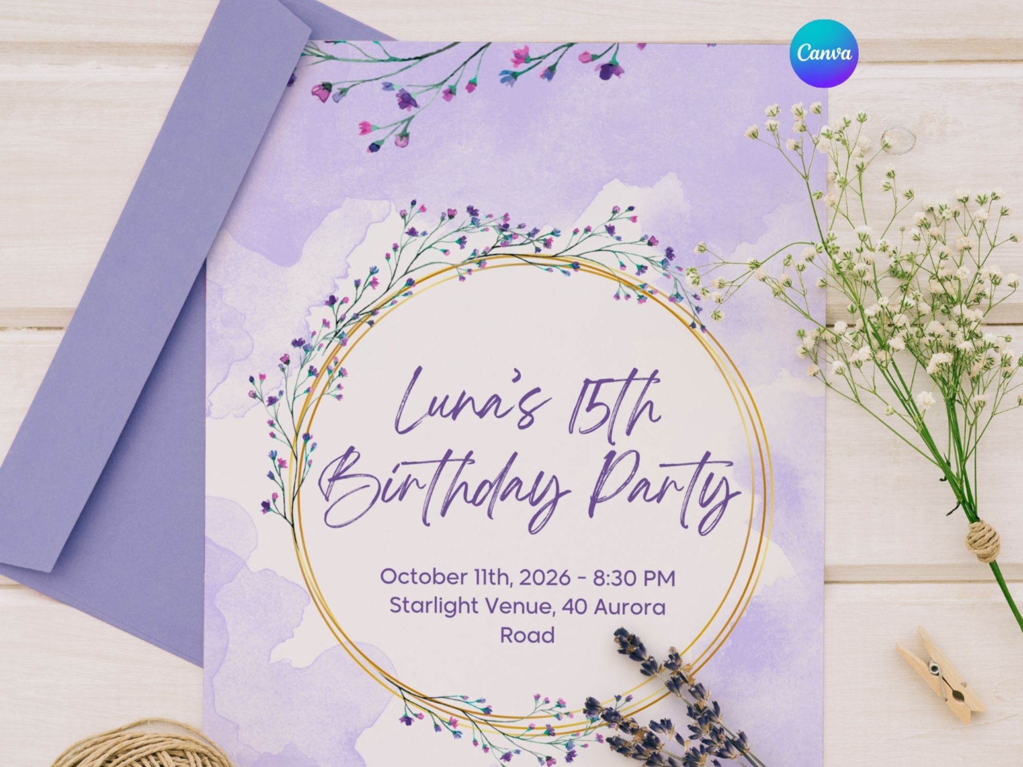 Pastel flower 15th invite – Watercolor Plane Theme – Editable Canva Template – Share or Printable 5x7 – Instant Download