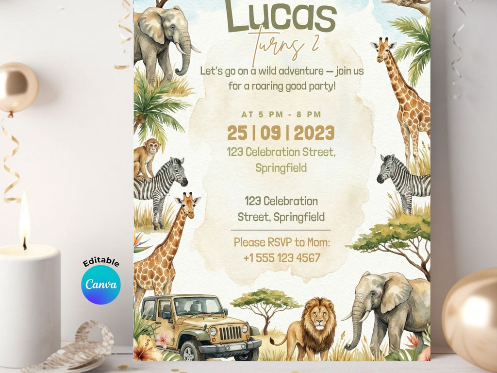 Safari Watercolor Birthday Invitation – Editable Canva Template – Share or Printable 5x7 – Instant Download