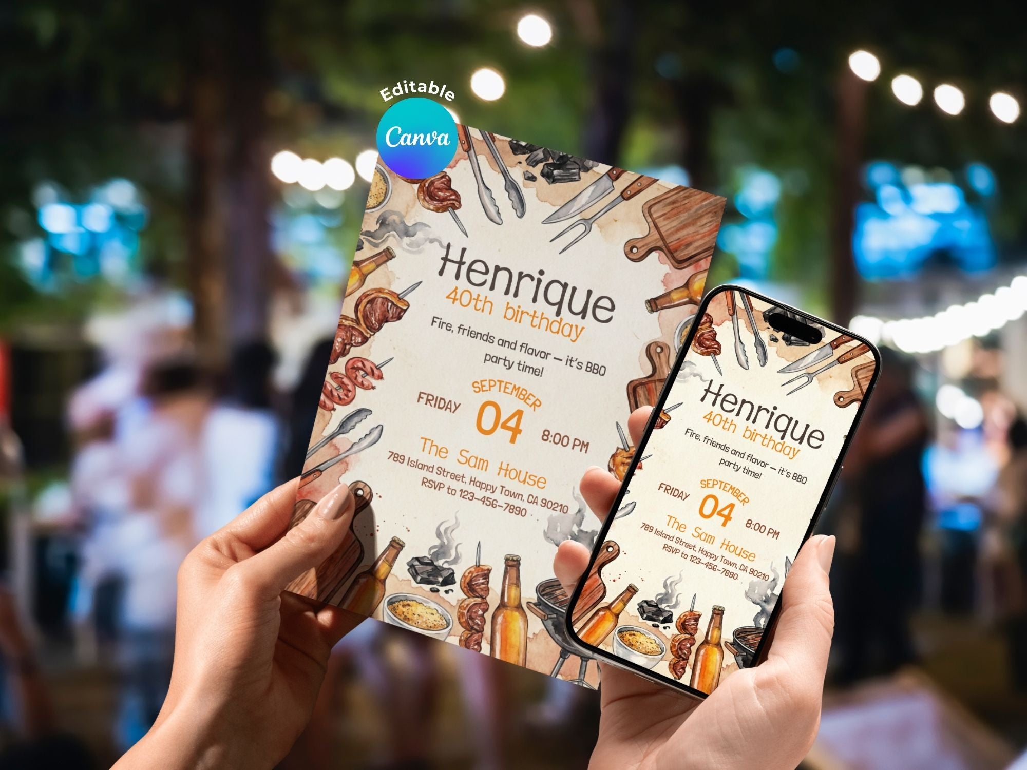 BBQ Watercolor Invitation – Editable Canva Template – Share or Printable 5x7 – Instant Download