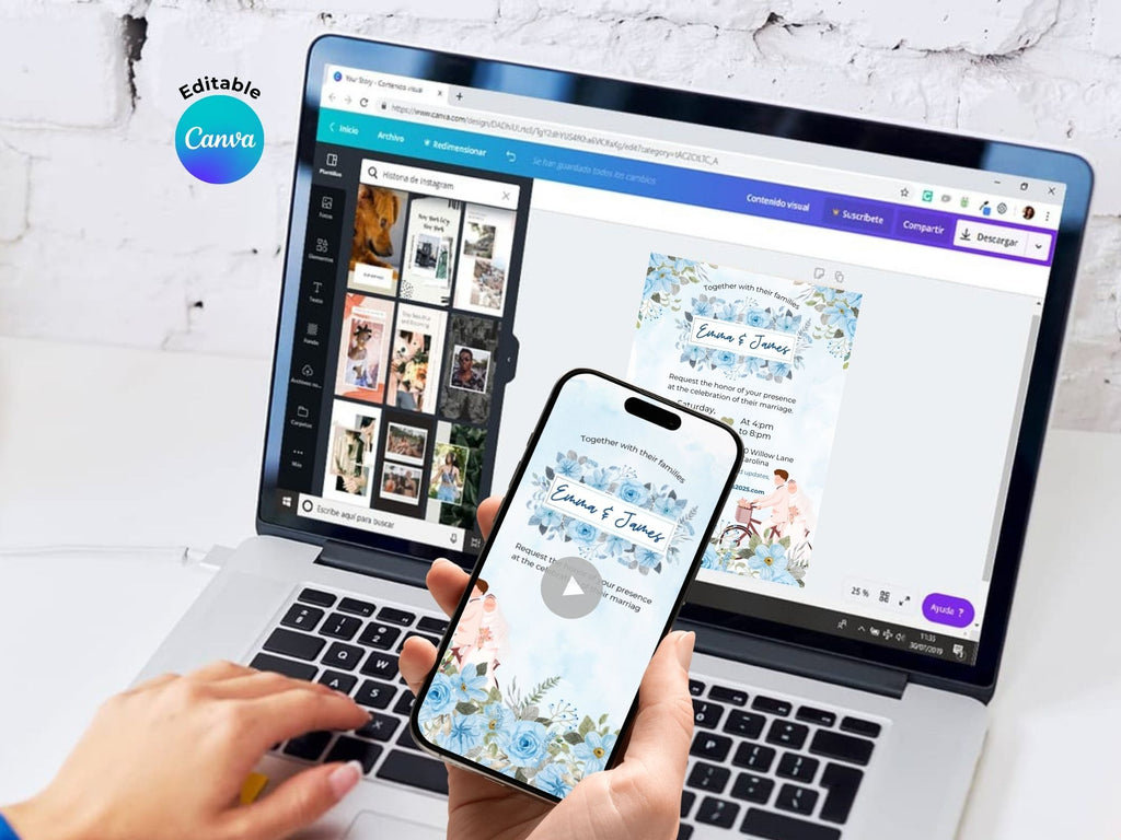 Romantic Blue Wedding  Invitation – Editable Canva Template – Share video mp4 or Printable 5x7 – Instant Download