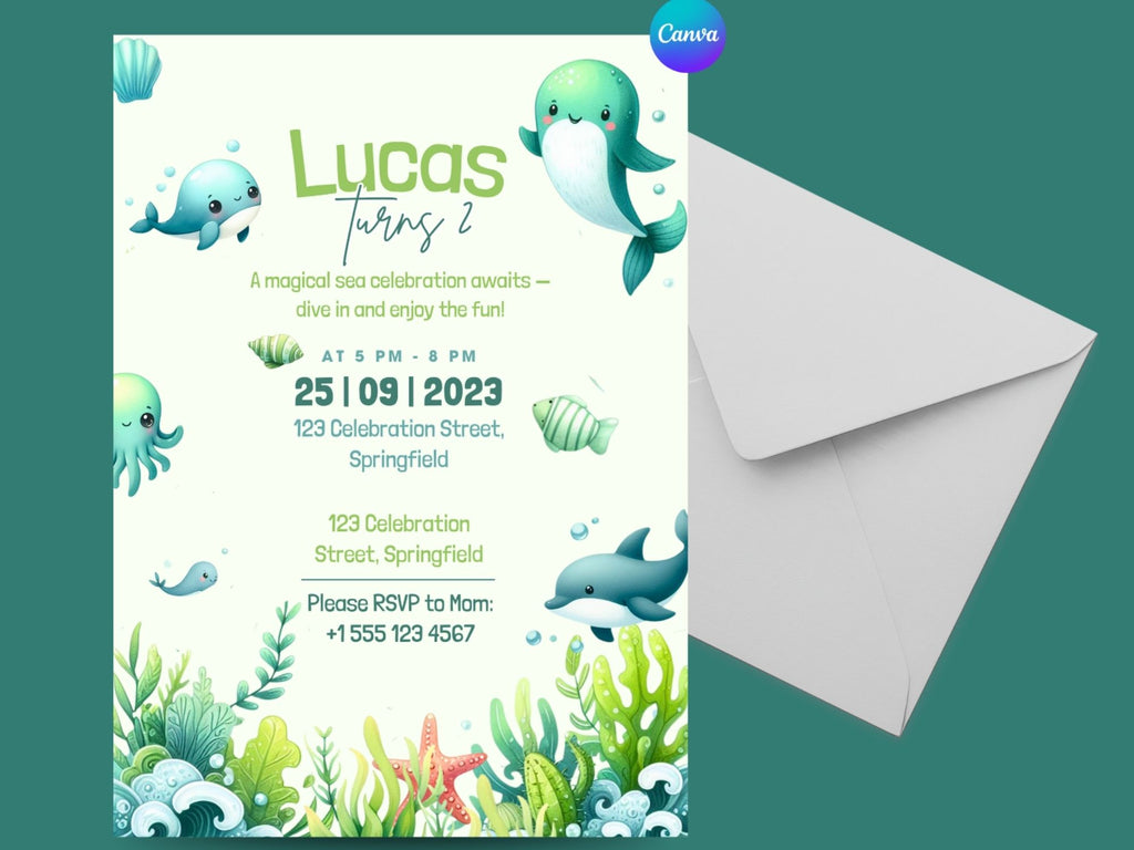 Green Ocean Watercolor Invitation – Editable Canva Template – Share or Printable 5x7 – Instant Download