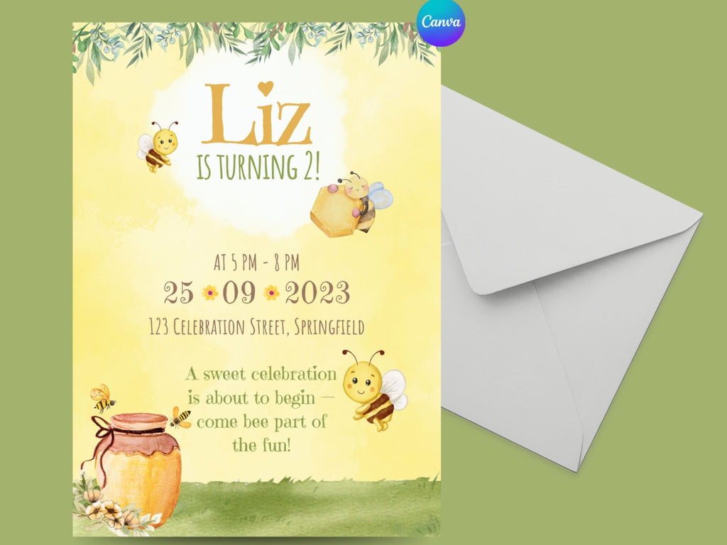 Honey Bee Floral Invitation – Editable Canva Template – Share or Printable 5x7 – Instant Download