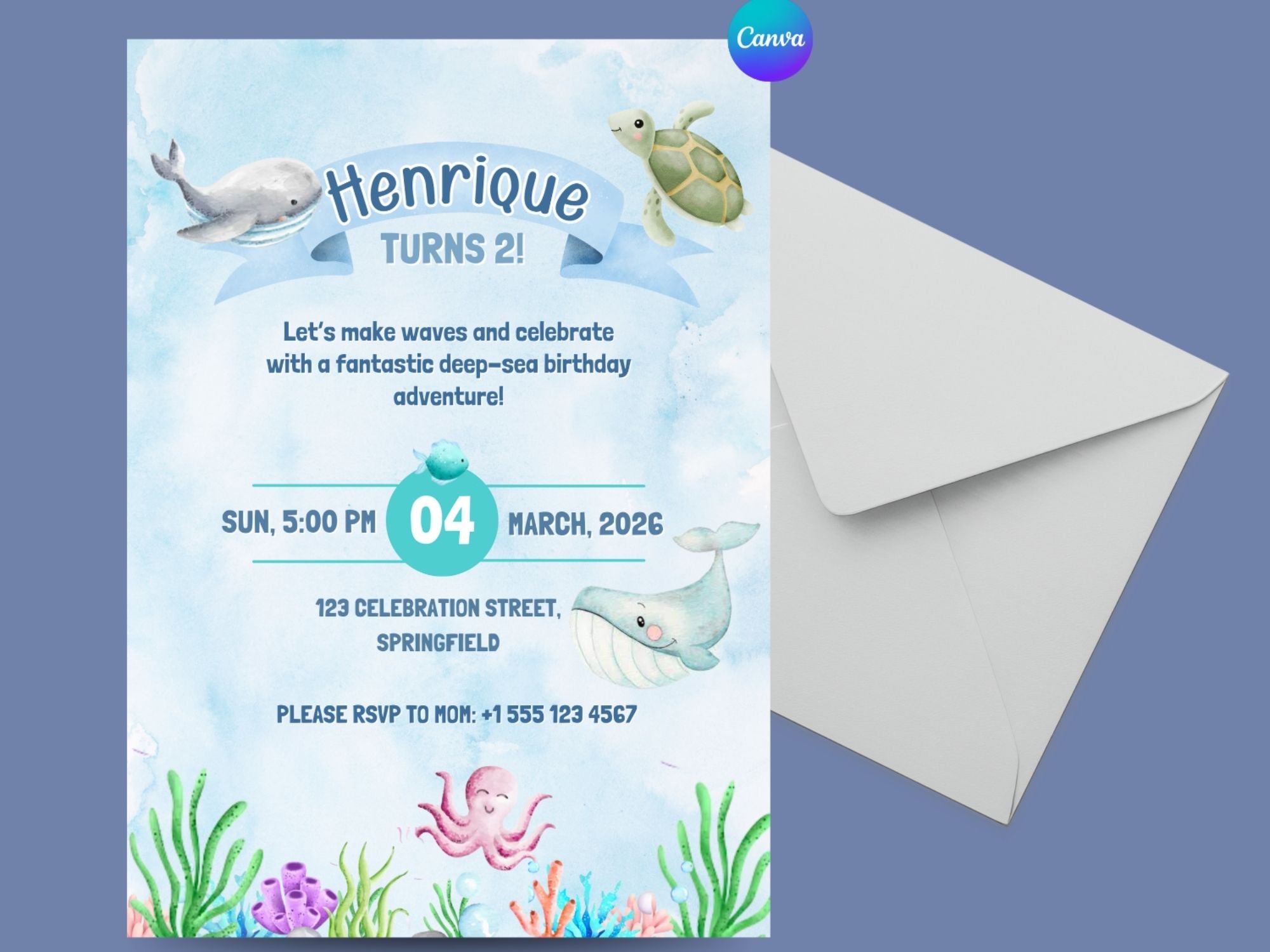 Ocean Coral Watercolor Invitation – Editable Canva Template – Share or Printable 5x7 – Instant Download