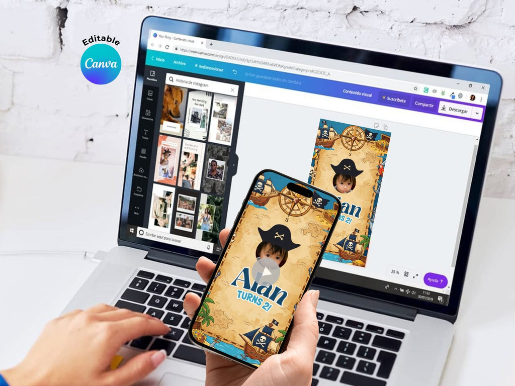 Animated Pirate Birthday Invitation Video – Editable Canva Template – Share video mp4 – Instant Download