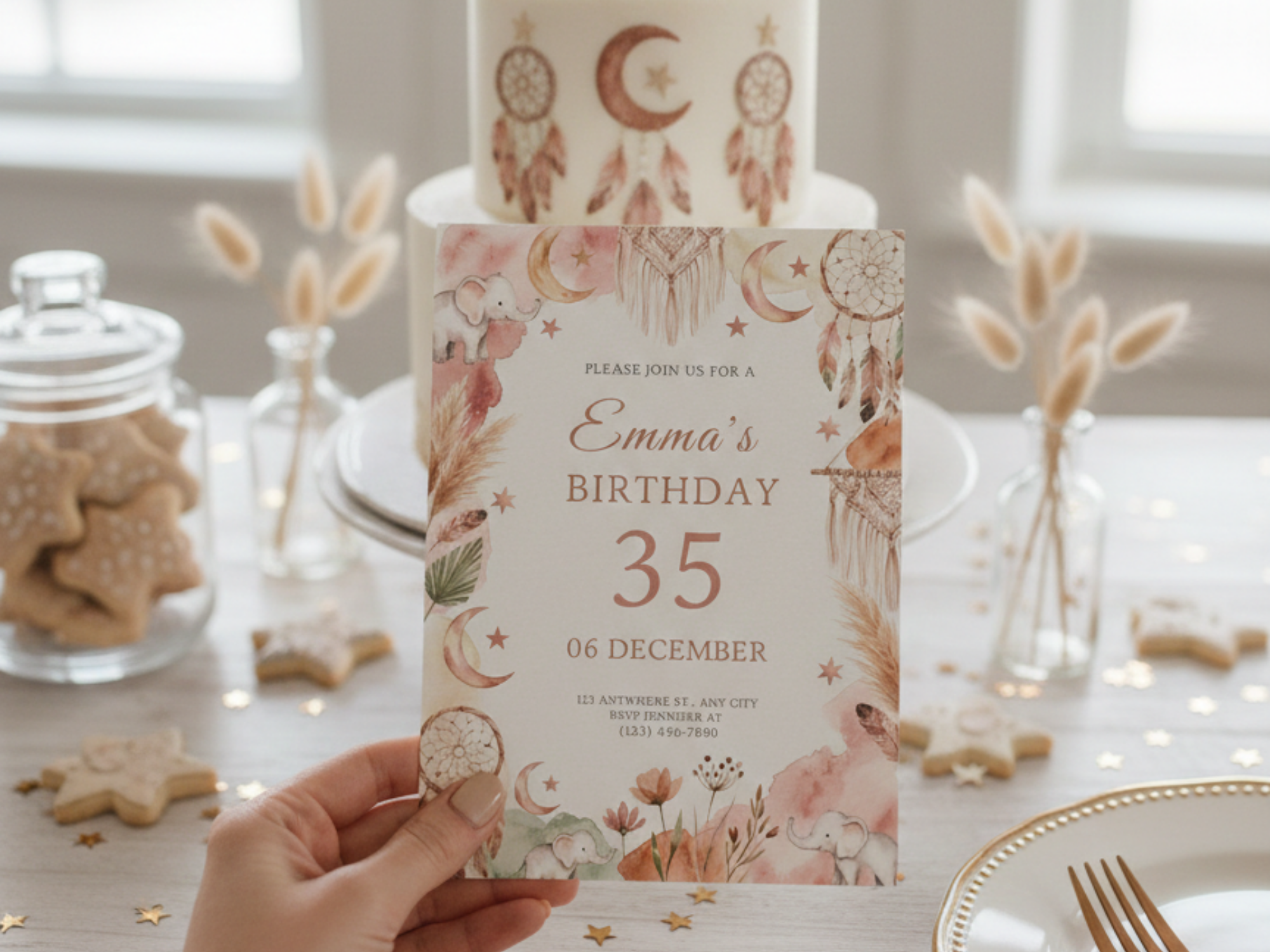[FREE SAMPLE] Boho Woman Invitation | Editable Canva Template - Instant Download