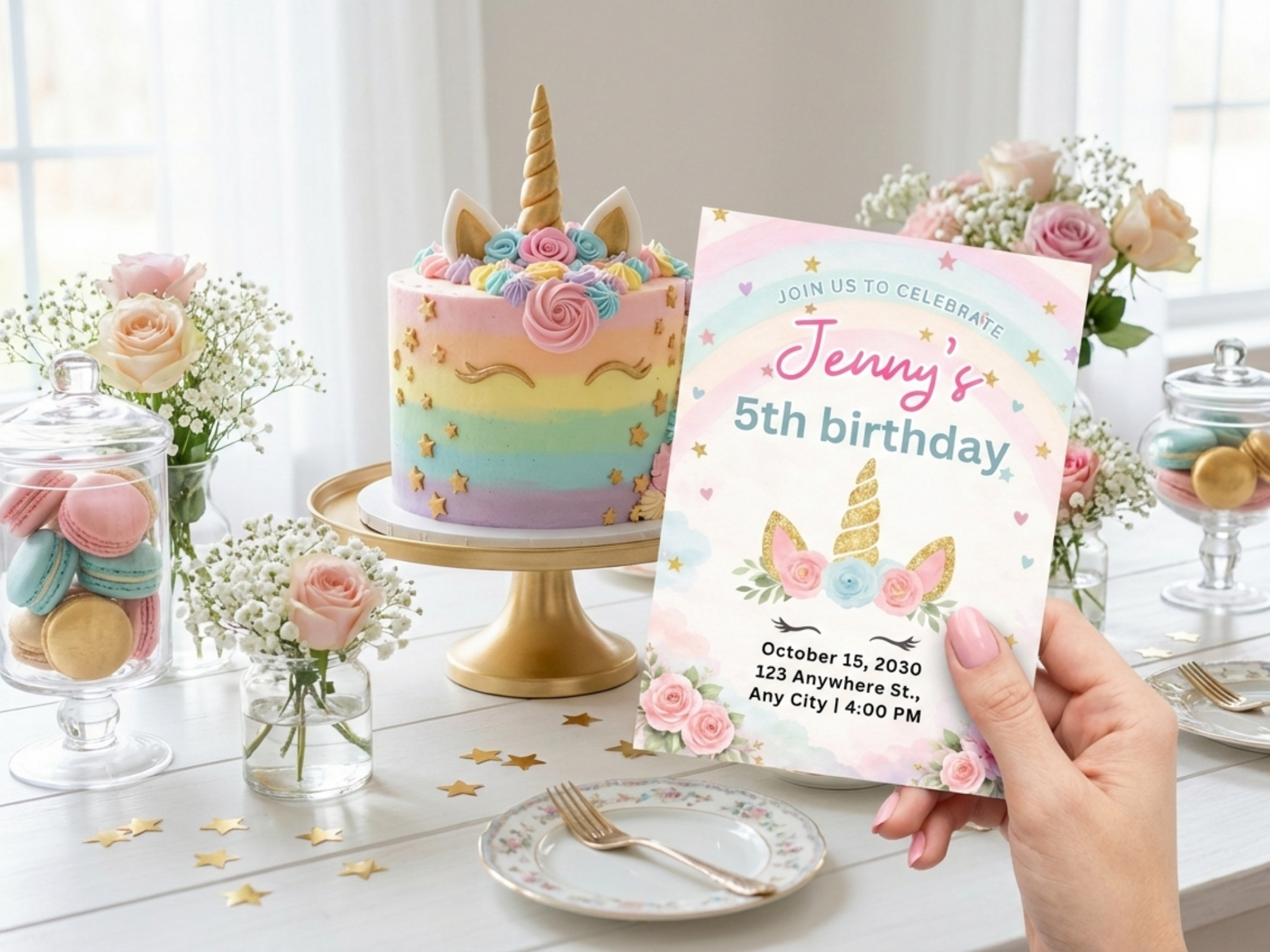 [FREE SAMPLE] Rainbow Unicorn Invitation | Editable Canva Template - Instant Download