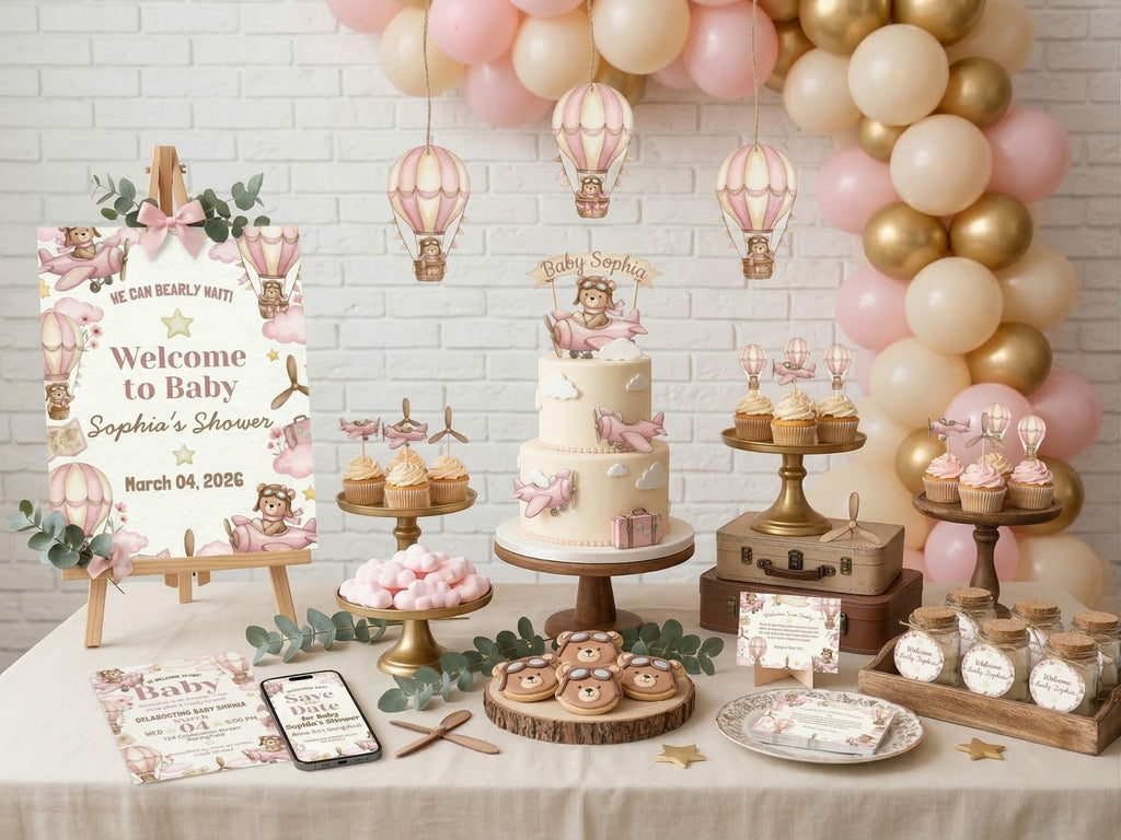 Baby Girl Watercolor Aviator Baby Shower FULL PARTY BUNDLE - Video Invite & Matching Printables