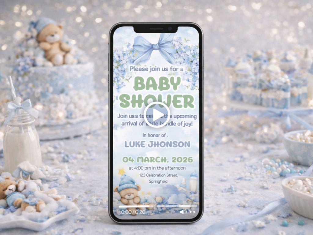 Cute Blue Baby Bear Baby Shower – Editable Canva Template – Share video mp4 – Instant Download