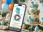 Cute Blue Dino Birthday Invitation – Editable Canva Template – Share video mp4 – Instant Download