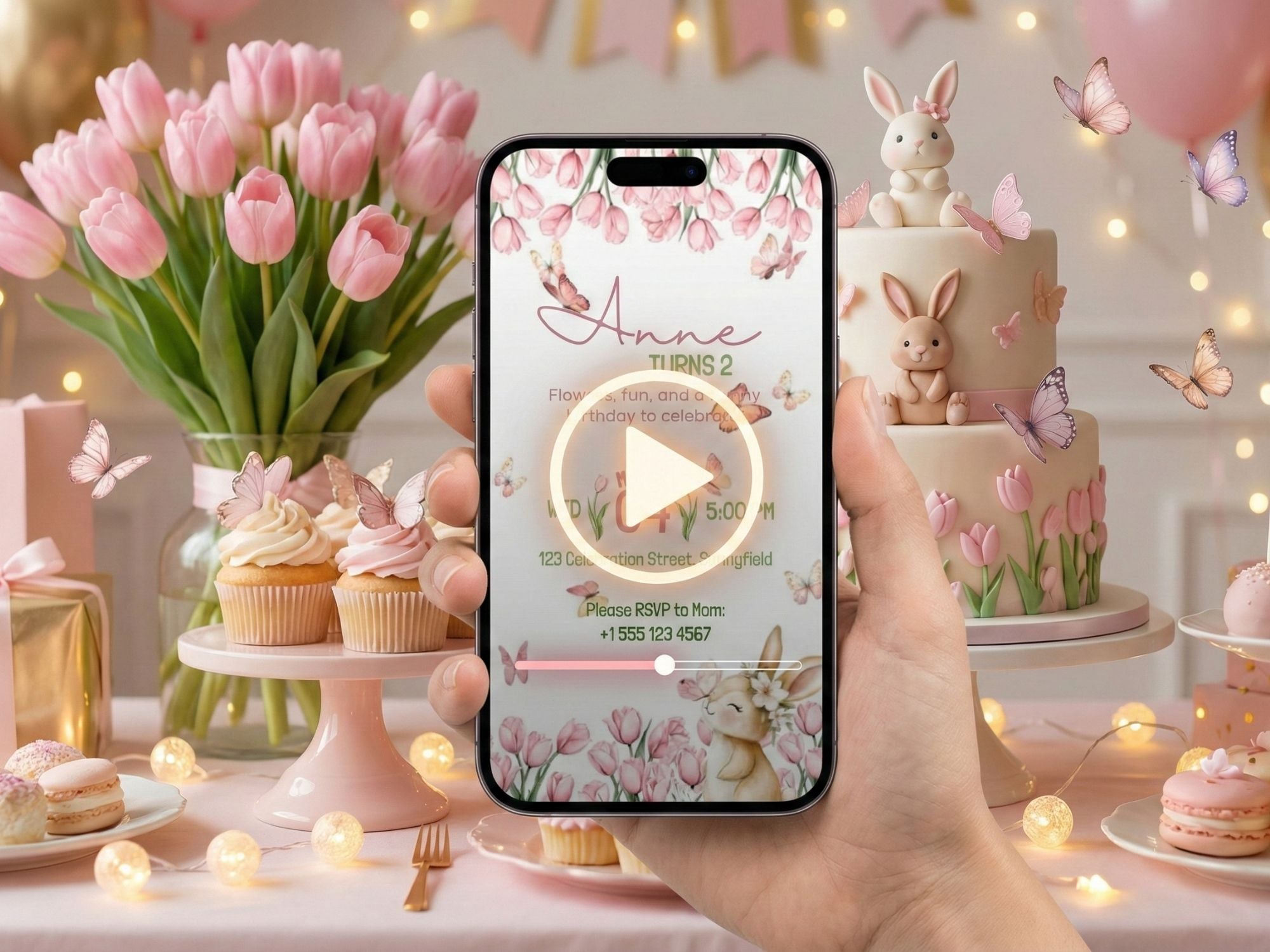 [FREE SAMPLE] Floral Bunny Birthday Invitation – Editable Canva Template – Share video mp4 – Instant Download
