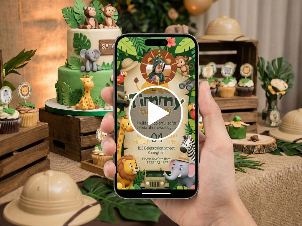 Colorful Safari Birthday Video Invitation – Editable Canva Template – Share video mp4 – Instant Download