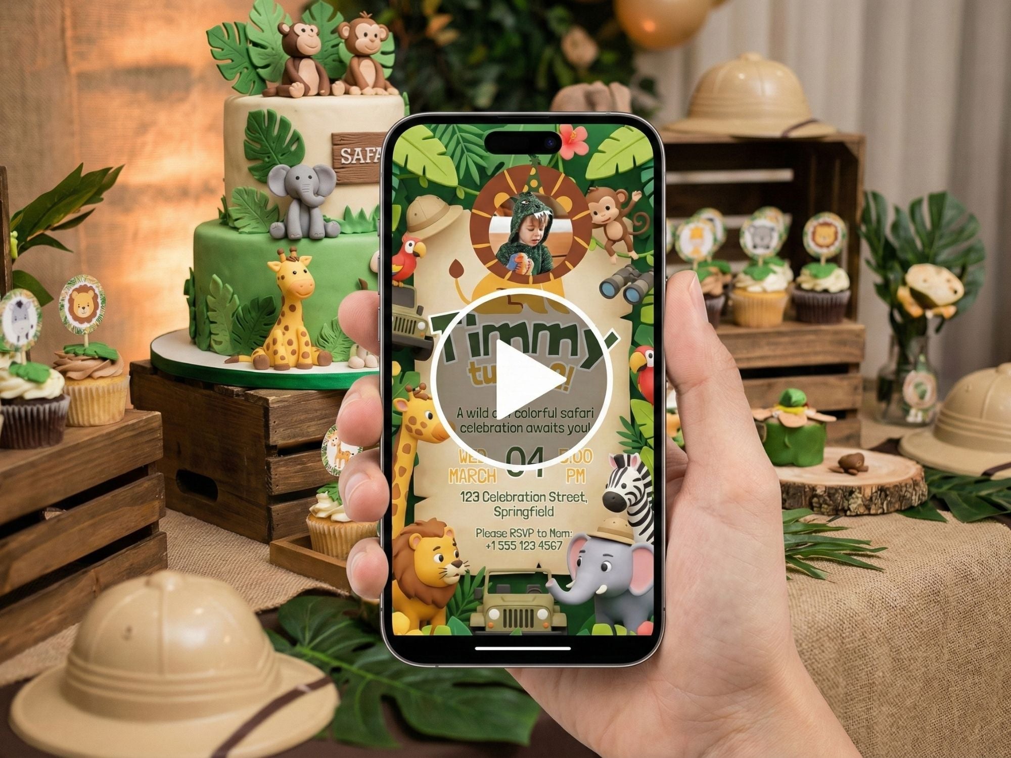 Colorful Safari Birthday Video Invitation – Editable Canva Template – Share video mp4 – Instant Download