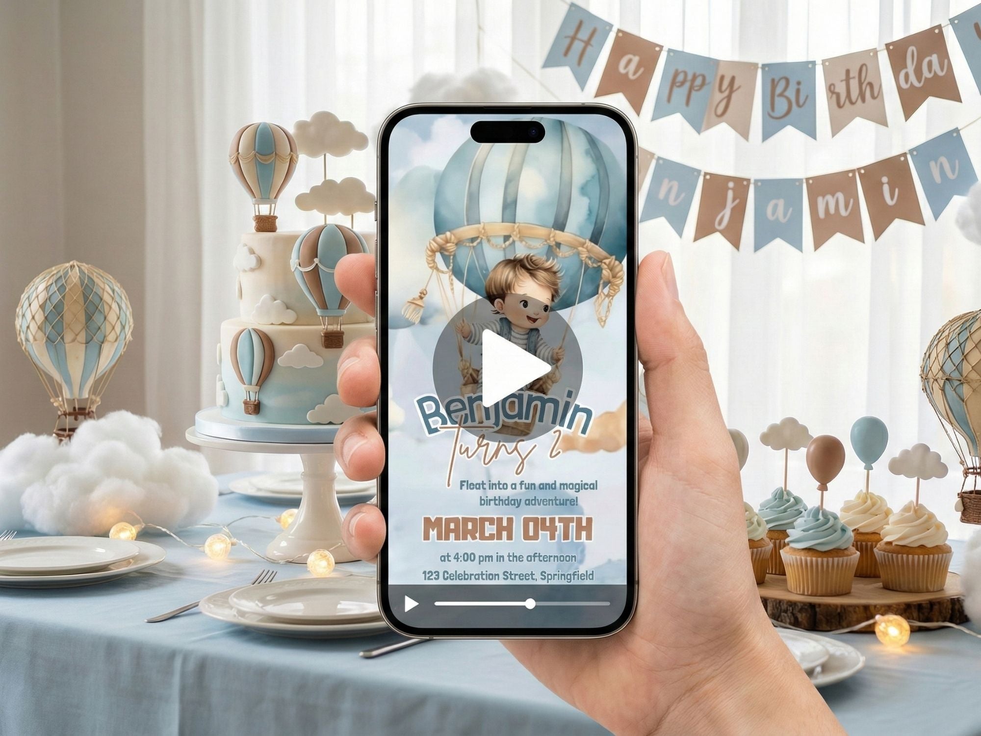 Boy In The Balloon Birthday Invitation – Editable Canva Template – Share video mp4 – Instant Download