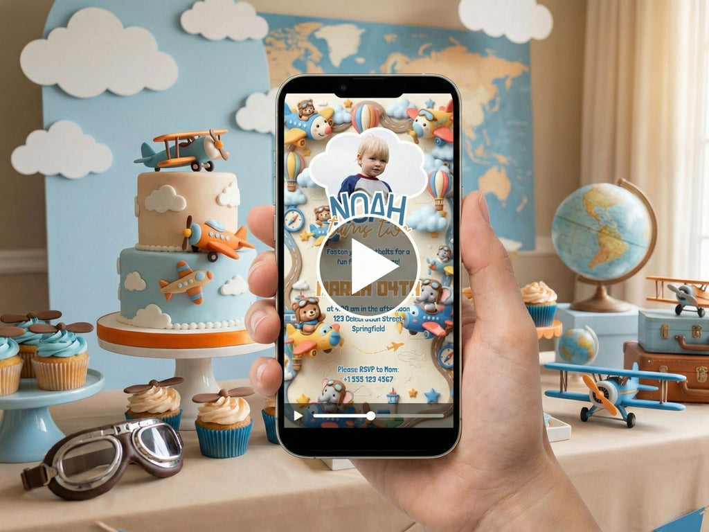 3D Aviator Animals Birthday Invitation – Editable Canva Template – Share video mp4 – Instant Download