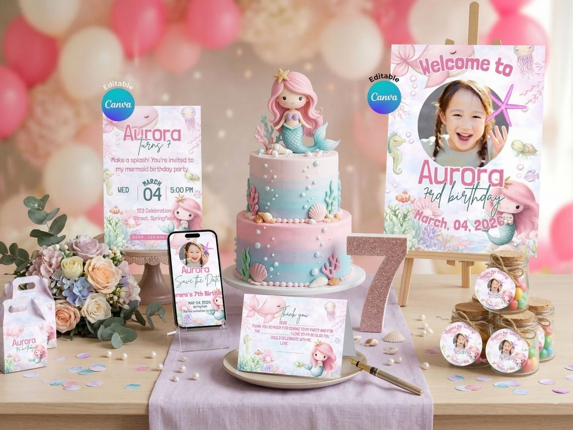 Pink Under The Sea Invitation FULL PARTY BUNDLE - Video Invite & Matching Printables