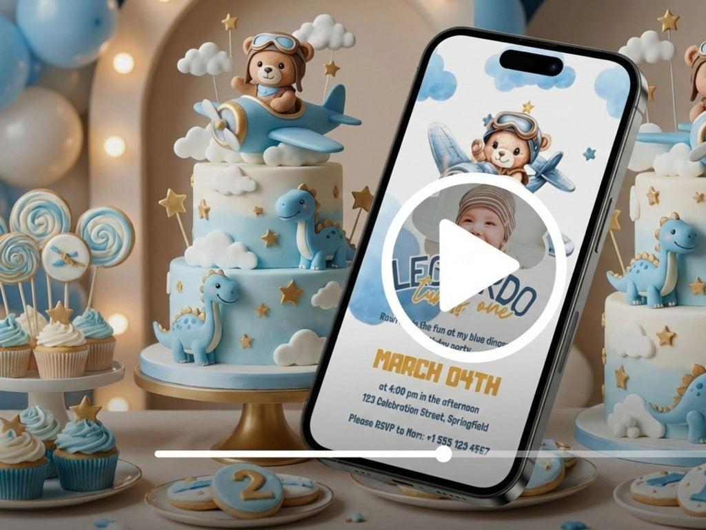 Baby Aviator In The Clouds Birthday Invitation – Editable Canva Template – Share video mp4 – Instant Download