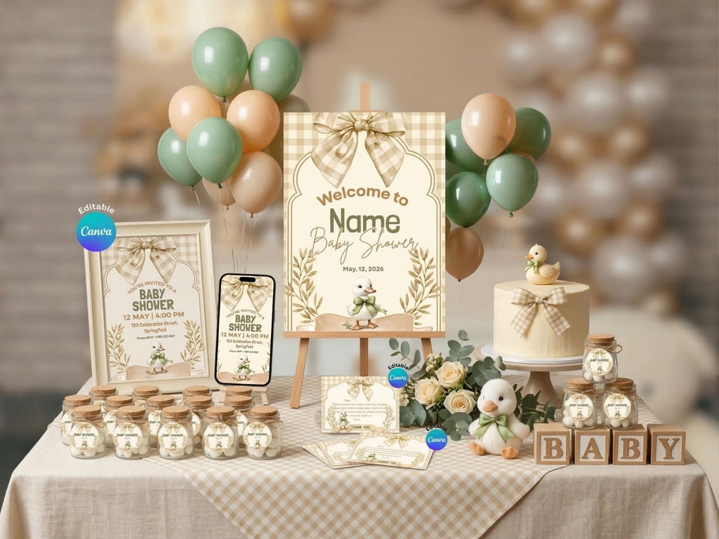 Checkered Duck Baby Shower Invitation FULL PARTY BUNDLE - Video Invite & Matching Printables