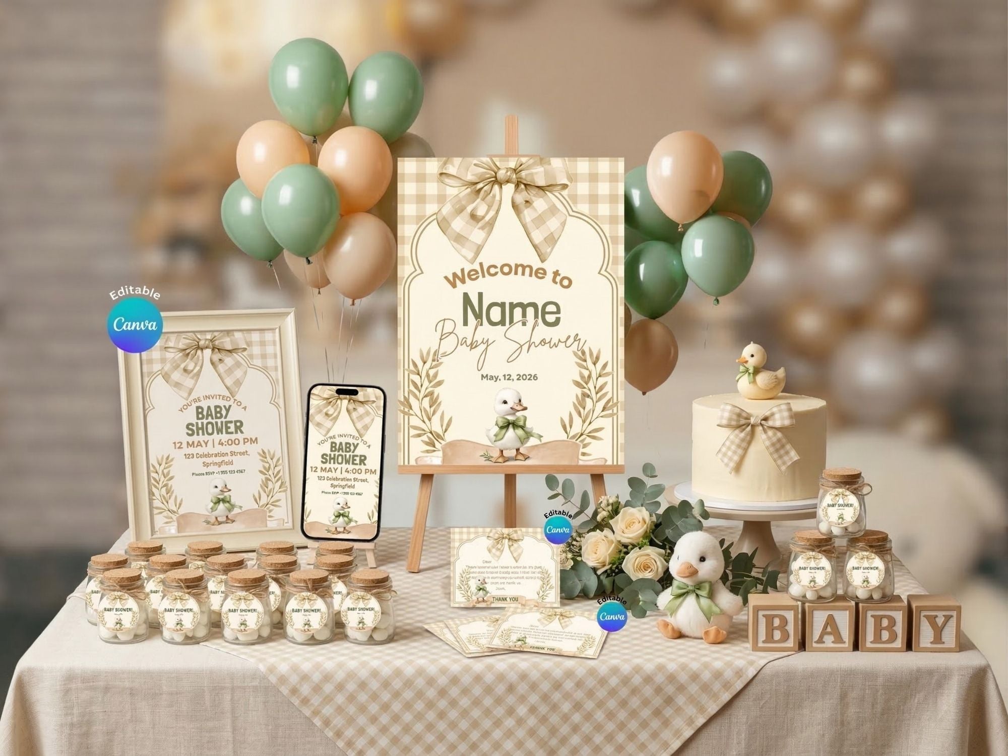 Checkered Duck Baby Shower Invitation FULL PARTY BUNDLE - Video Invite & Matching Printables