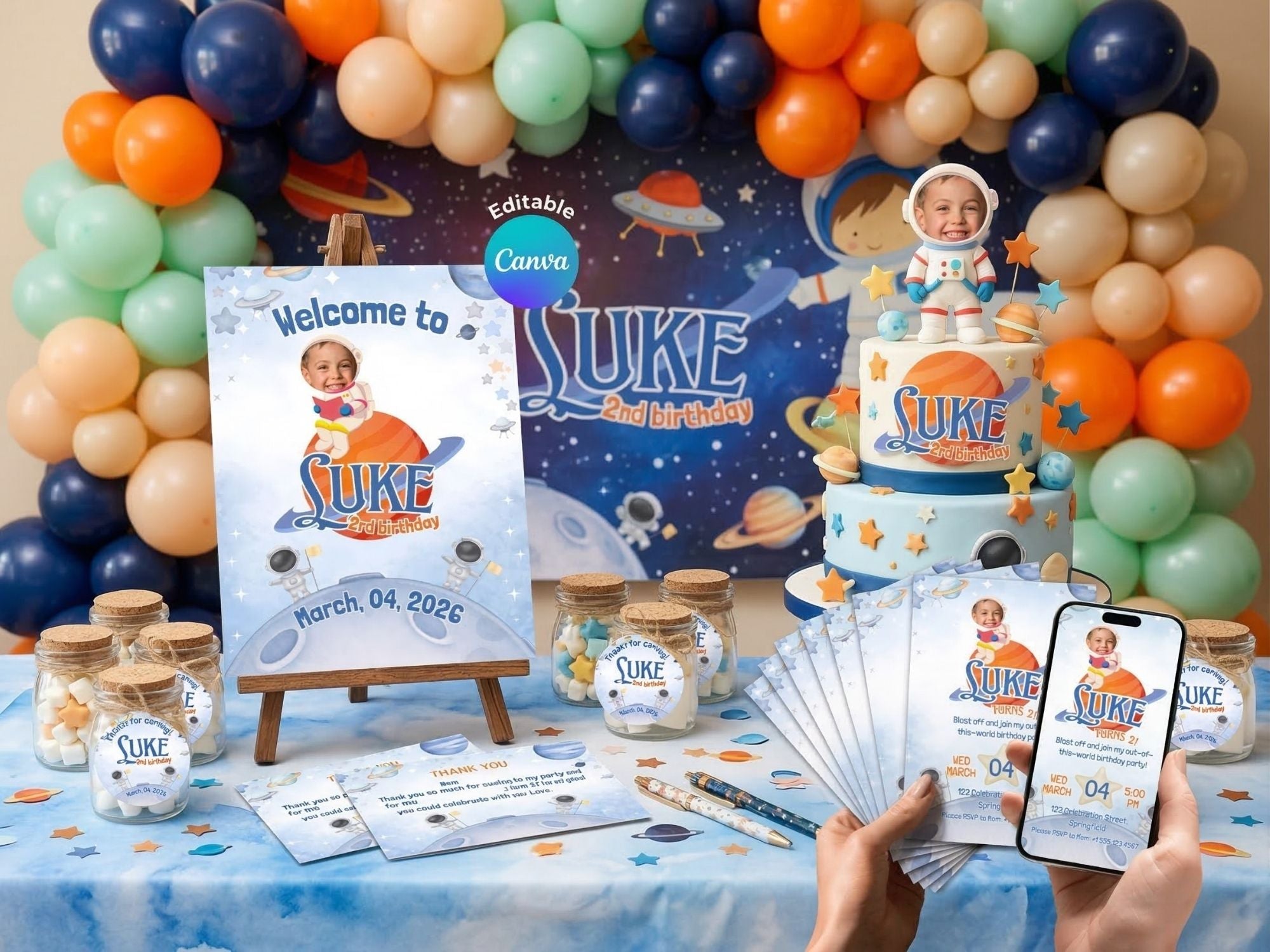 Modern Astronaut Birthday Invitation FULL PARTY BUNDLE - Video Invite & Matching Printables