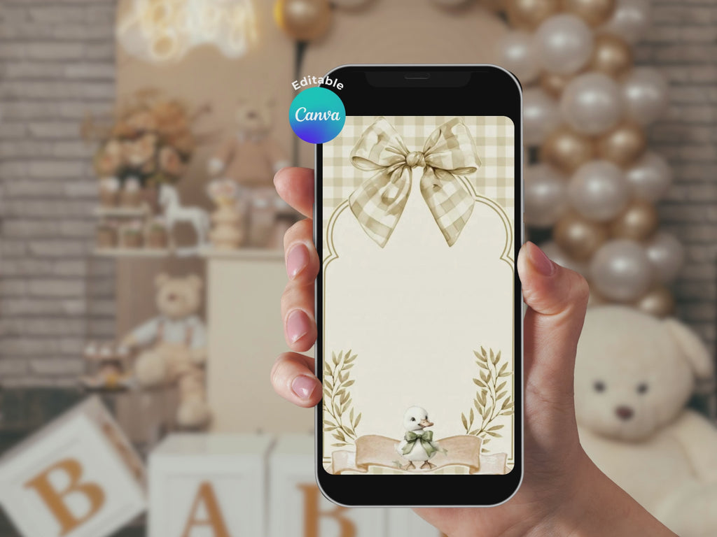 Checkered Duck Baby Shower Invitation – Editable Canva Template – Share video mp4 – Instant Download