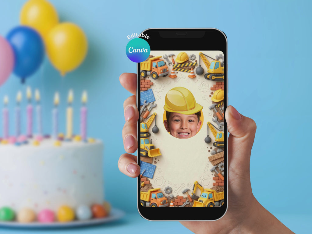 Construction Birthday Video Invitation – Editable Canva Template – Share video mp4 – Instant Download