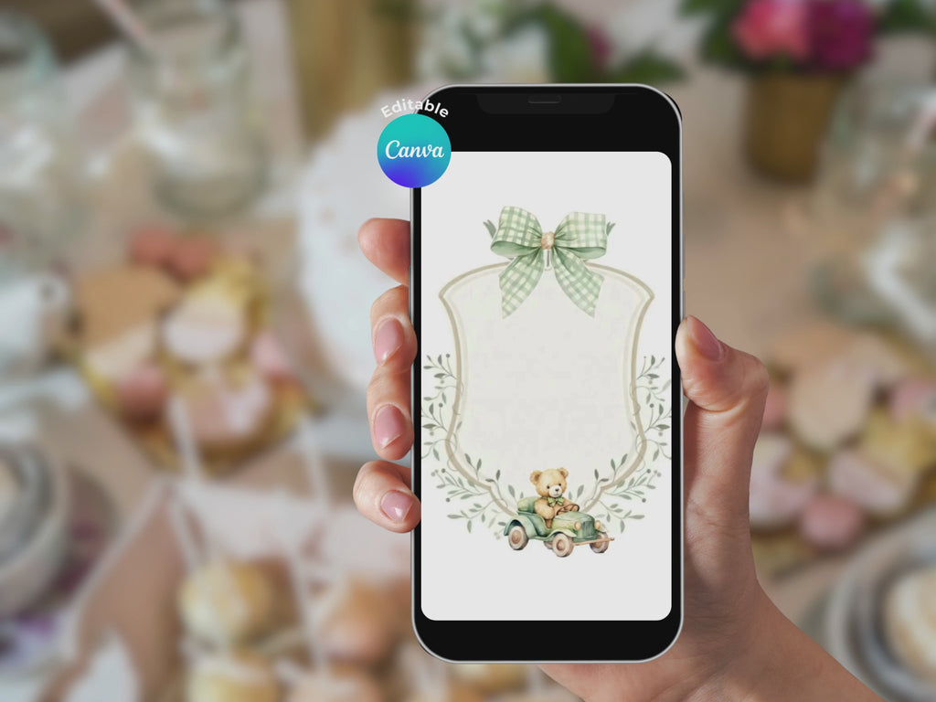 [FREE SAMPLE] Green Baby Car Bear Baby Shower Invitation – Editable Canva Template – Share video mp4 – Instant Download