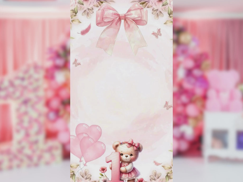 Pink Teddy Bear First Birthday Invitation – Editable Canva Template – Share video mp4 – Instant Download