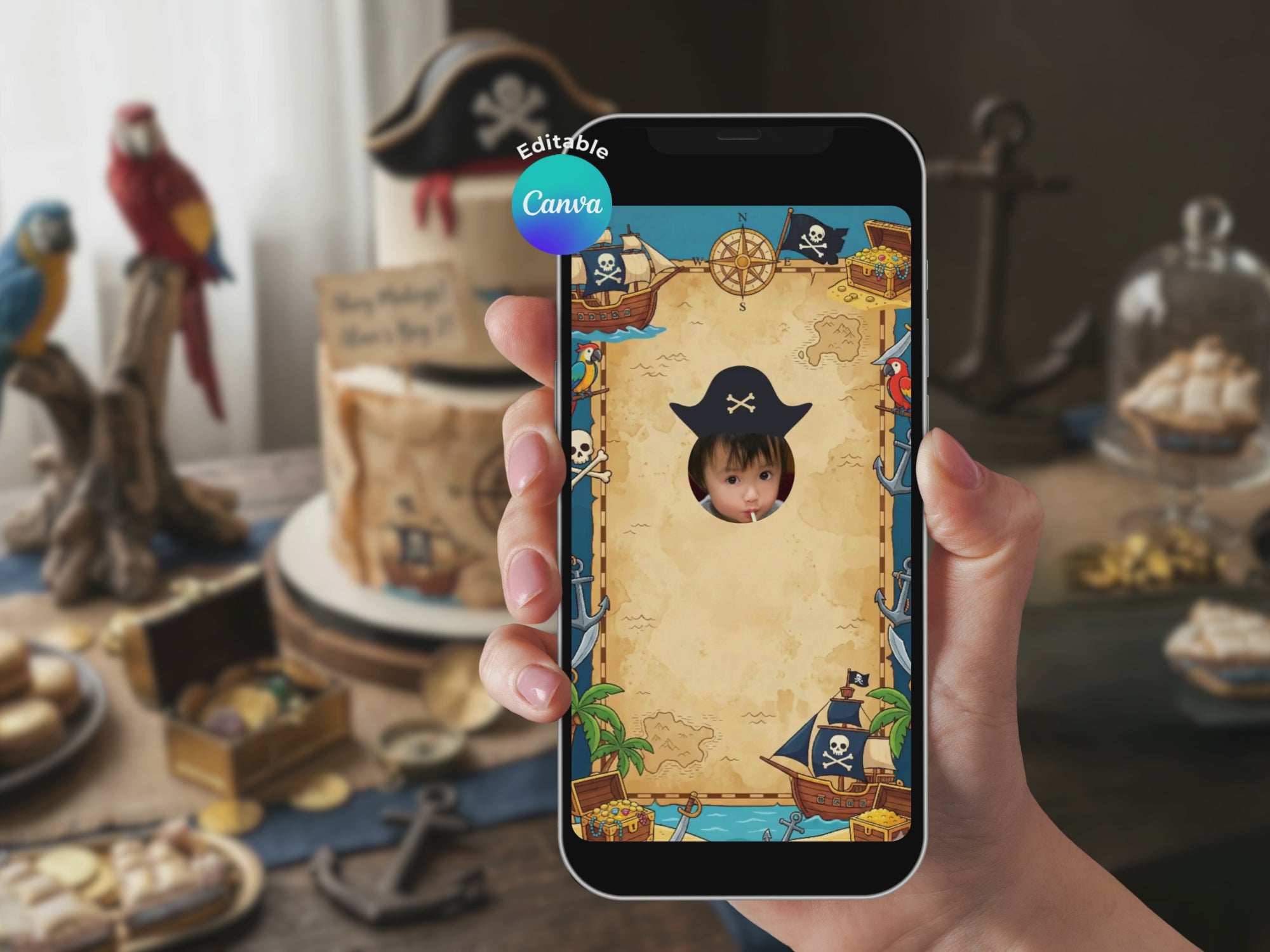 Animated Pirate Birthday Invitation Video – Editable Canva Template – Share video mp4 – Instant Download