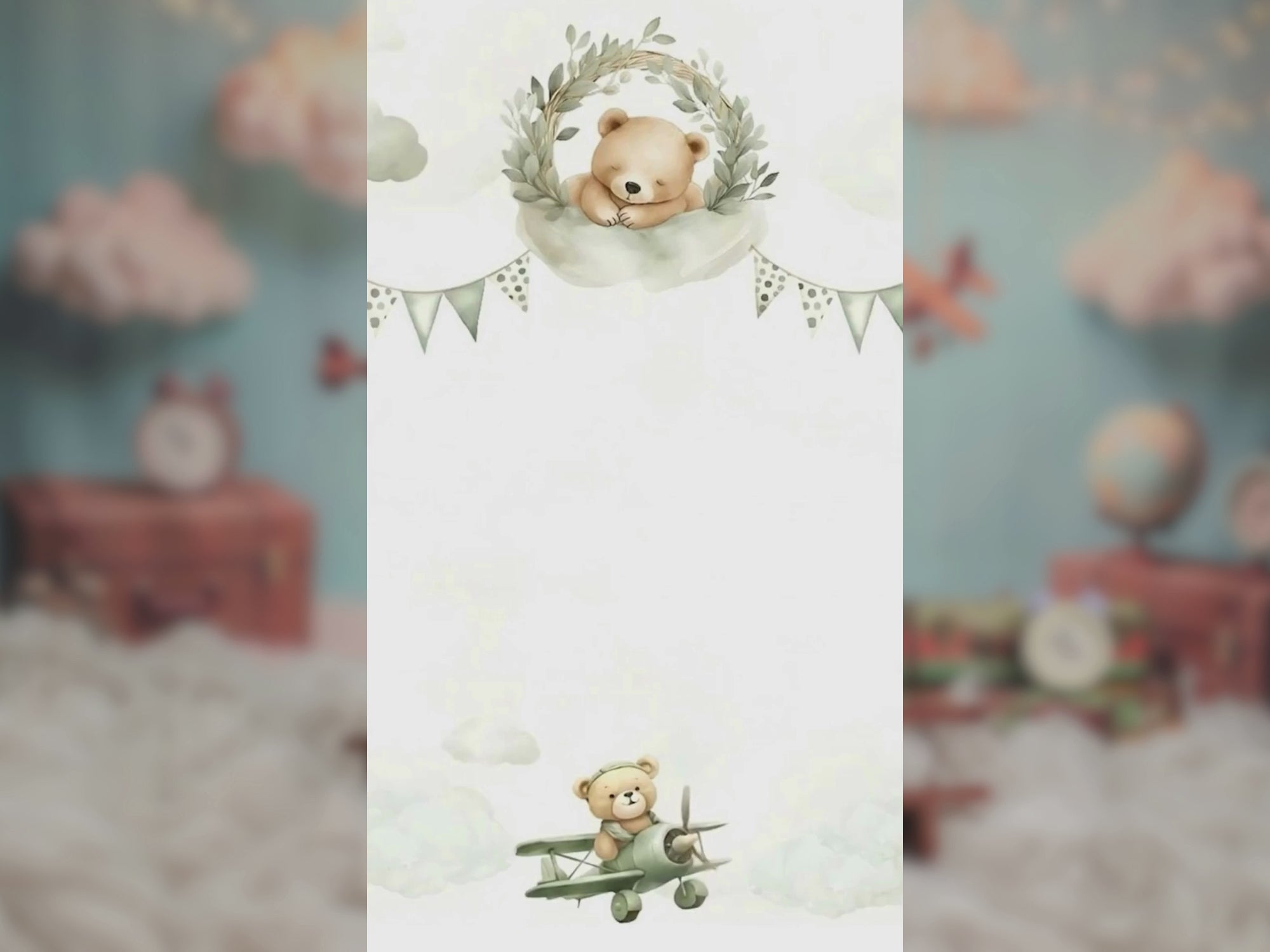 Green Aviator Bear Birthday Invitation – Editable Canva Template – Share video mp4 – Instant Download