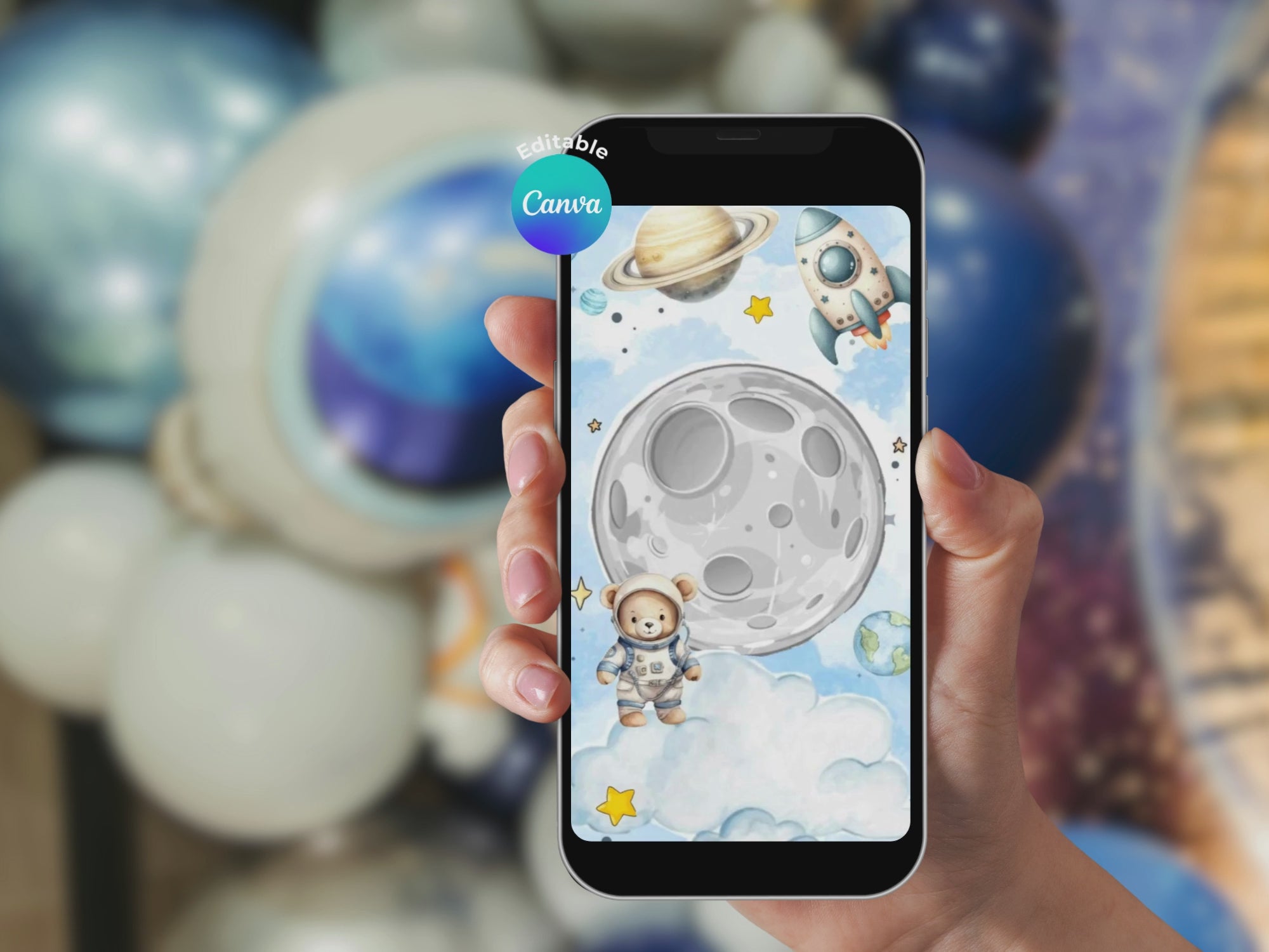 Teddy Bear On The Moon Birthday Invitation – Editable Canva Template – Share video mp4 – Instant Download