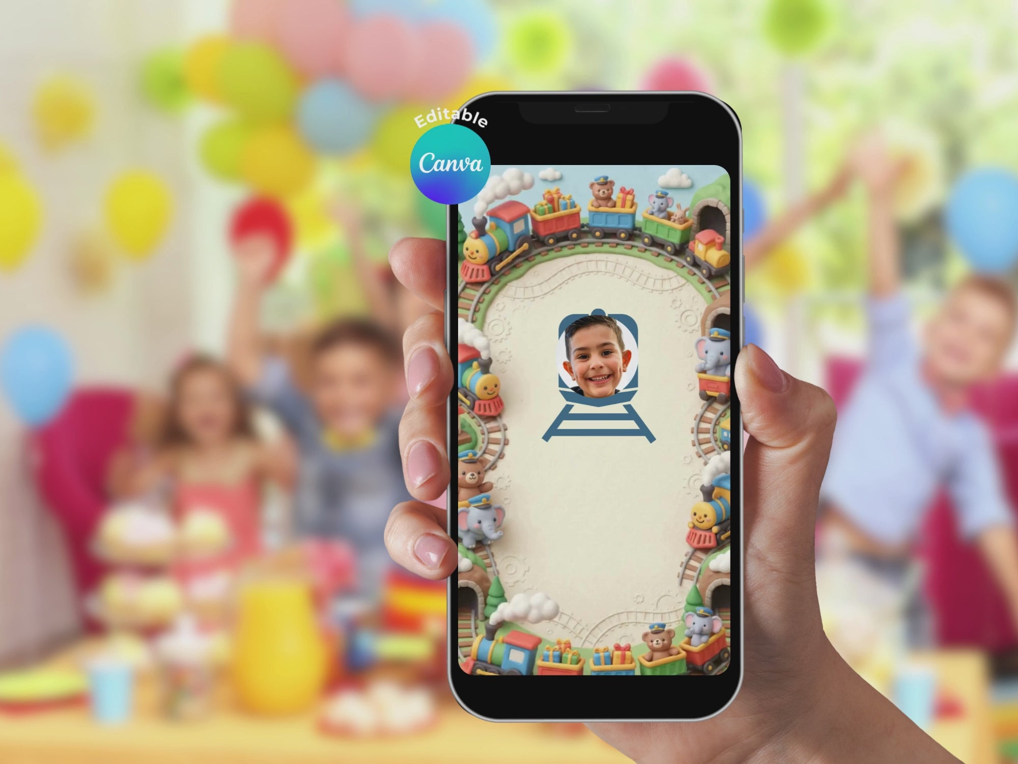 Train Track Birthday Video Invitation – Editable Canva Template – Share video mp4 – Instant Download